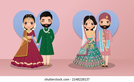 Set of Cute couple in traditional indian dress cartoon characters bride and groom.Wedding invitations card.