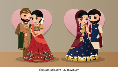 Set of Cute couple in traditional indian dress cartoon characters bride and groom.Wedding invitations card.