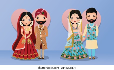 Set of Cute couple in traditional indian dress cartoon characters bride and groom.Wedding invitations card.