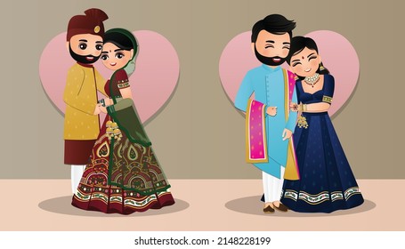 Set of Cute couple in traditional indian dress cartoon characters bride and groom.Wedding invitations card.