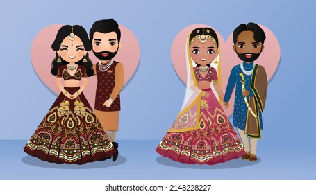 Set of Cute couple in traditional indian dress cartoon characters bride and groom.Wedding invitations card.