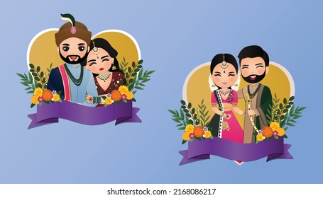 Set Of Cute Couple In Traditional Indian Dress Cartoon Characters Bride And Groom.Wedding Invitations Card.