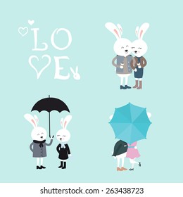 Set of Cute Couples of Bunnies in Different Situations.Vector Illustration in Flat Style.