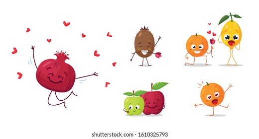 Set of cute couples in love fruit. Vector illustration.