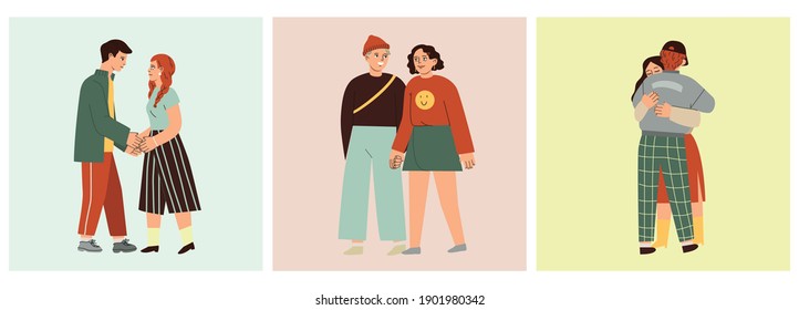 Conjunto de parejas lindas caminando juntas, tomándose de la mano y abrazando la ilustración de estilo de dibujos animados divertidos y coloridos vector dibujado por la mano. 