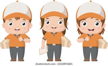 Set of cute courier kid cartoon