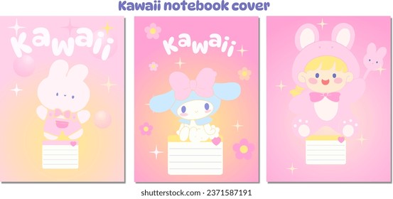 Set cute Cover for notebook with  animal's cartoons characters and girl . Vector illustration pink and yellow, kid's inspiration background kawaii style 