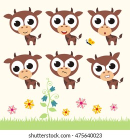 Set of cute cow with big eyes in different emotions.