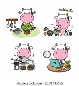 Set of Cute Cow cartoon character posing in different situations. 