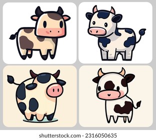 set cute cow cartoon vector illustration