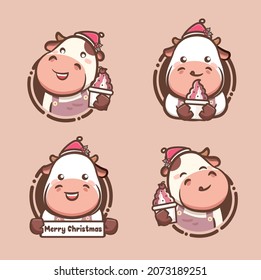 Set of cute cow christmas holding delicious ice cream and yogurt. Kawaii style 