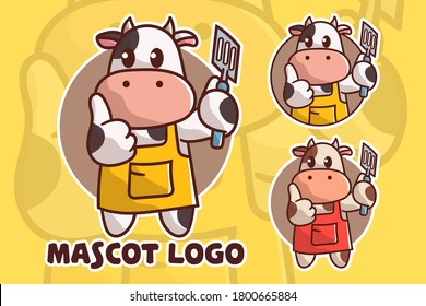 set of cute cow cook mascot logo with optional apprearance. premium kawaii vector