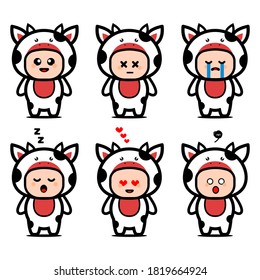 set of cute cow costume cartoon character with different expression. animal concept vector illustration