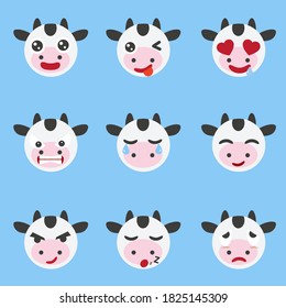 Set of cute cow emoticons.cow face icon on blue background