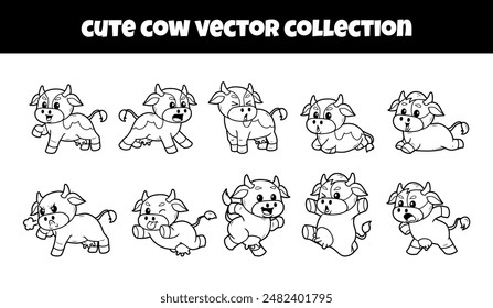 Set of cute cow expression outline vector illustration