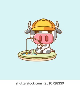 set Cute cow fishing fish on island kawaii chibi character mascot illustration outline style design