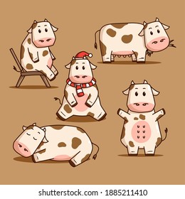 set of cute cow flat design on brown background