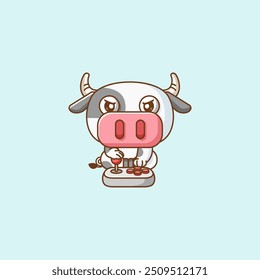 set Cute cow Gamer Playing Game with joystick kawaii chibi character mascot illustration outline style design