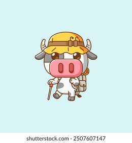 set Cute cow hiking camp kawaii chibi character mascot illustration outline style design