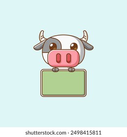 set Cute cow hold blank space board banner kawaii chibi character mascot illustration outline style