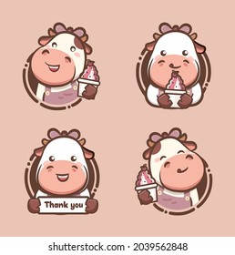 Set of cute cow holding delicious ice cream and yogurt. Cartoon character and logo illustration vector
