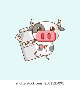 set Cute cow hug milk hanging kawaii chibi character mascot illustration outline style