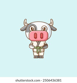 set Cute cow Karate training martial art kawaii chibi character mascot animal sport illustration outline design Icon