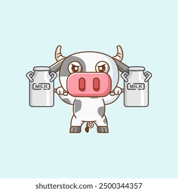 set Cute cow lifting milk barbel food kawaii chibi character mascot illustration outline style design