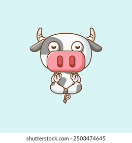 set Cute cow meditation yoga kawaii chibi character mascot illustration outline style design