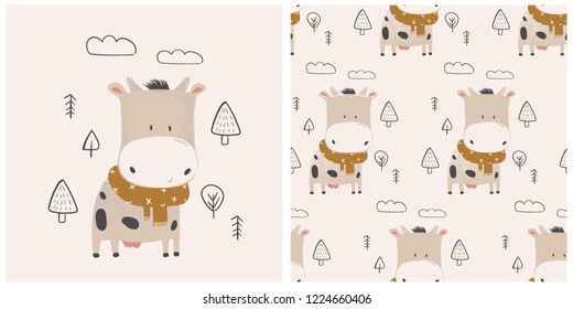 Set. Cute cow pattern. Hand drawn vector illustration.