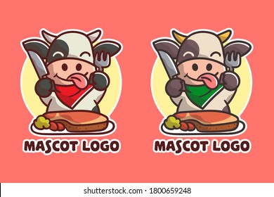 set of cute cow steak mascot logo with optional apprearance. premium kawaii vector