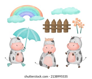 Set of cute cow in various activity,cartoon animal and element in drawing watercolor for graphic designer, vector illustration