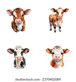 set of cute cow watercolor illustrations for printing on baby clothes, sticker, postcards, baby showers, games and books, safari jungle animals vector