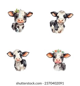 set of cute cow watercolor illustrations for printing on baby clothes, sticker, postcards, baby showers, games and books, safari jungle animals vector