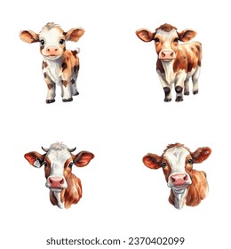 conjunto de ilustraciones de la acuarela de las vacas lindas para imprimir en ropa de bebé, pegatinas, postales, duchas de bebé, juegos y libros, vectores de animales de la jungla de safari