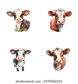 set of cute cow watercolor illustrations for printing on baby clothes, sticker, postcards, baby showers, games and books, safari jungle animals vector