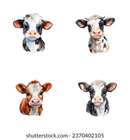 set of cute cow watercolor illustrations for printing on baby clothes, sticker, postcards, baby showers, games and books, safari jungle animals vector