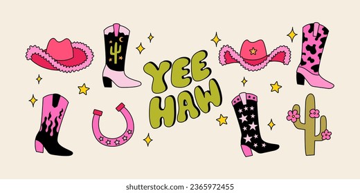 Set of cute cowboy accessories, cactuse and lettering yeehaw. Vector illustration in retro groovy style. Pink cowgirl party concept