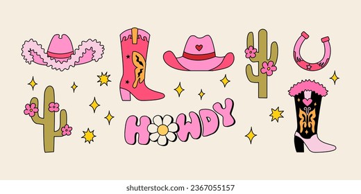 Set of cute cowboy accessories, cactuses and lettering howdy. Vector illustration in retro groovy style. Pink cowgirl party concept