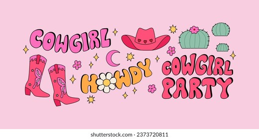 Set of cute cowboy accessories, cactuses and lettering. Groovy quotes howdy, cowgirl party. Vector illustration in retro style