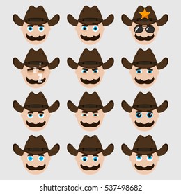 Set of cute cowboy emoticons. Vector illustration.