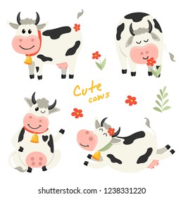 Set of cute Cows character in various positions. Vector illustration for your design