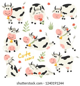 Set of cute Cows character in various positions. Vector illustration for your design