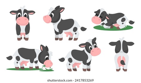 Set of cute cows in different poses and angles. Vector flat illustration.