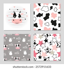 Set of cute cows seamless patterns. Vector print for kids