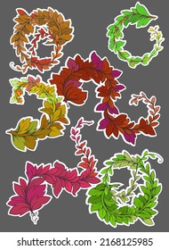 A set of cute and cozy design elements. A set of beautiful twigs with leaves. Color vector illustration isolated on a white background. Stickers with lush foliage.