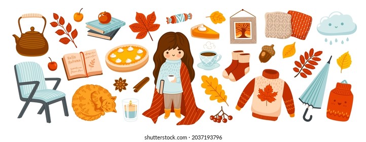 Set of cute cozy home elements:  cute sleeping cat, pumpkin pie, socks, sweater, books and umbrella. Autumn season collection for card, stickers, prints, wrapping paper. Vector cartoon illustration.