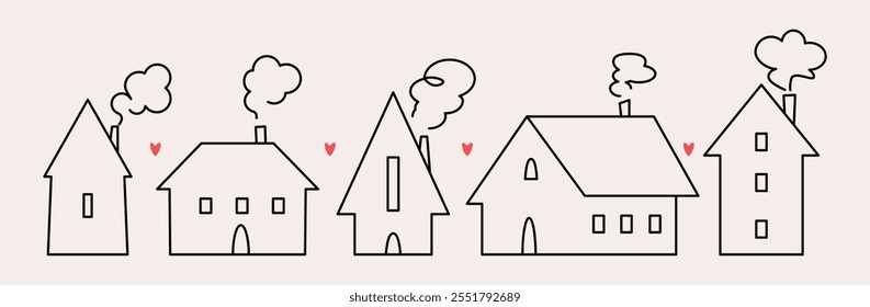 A set of cute and cozy houses in a linear modern minimalist Scandinavian style. Love in family symbol. 
