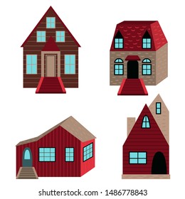 Set of cute cozy houses. Red and beige houses. Flat cartoon vector illustration.