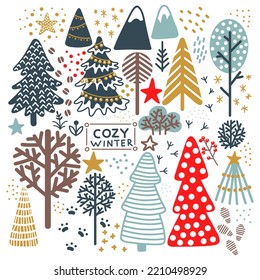 Set of cute and cozy isolated Christmas trees with animal tracks and christmas elements vector illustration. Winter background. For greeting cards, print, design, fabric, porcelain, bed linen, decor